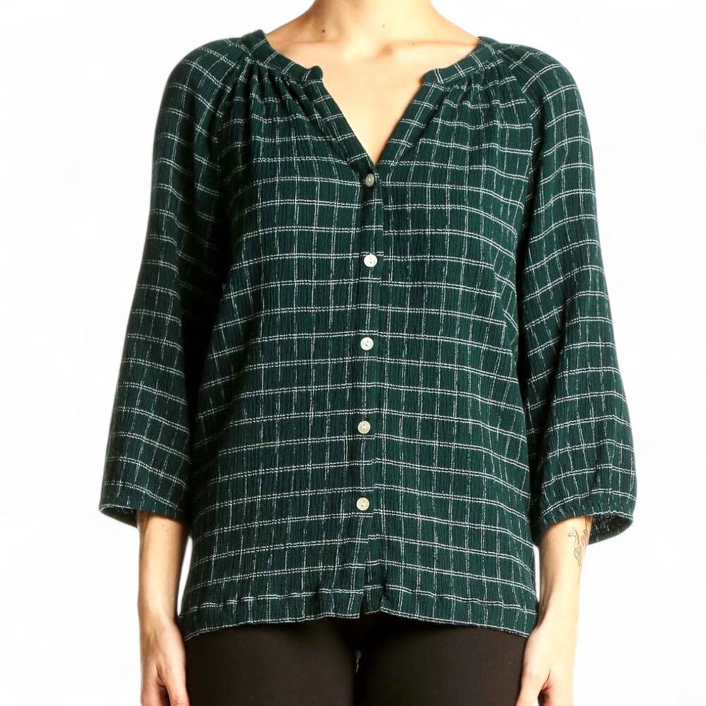 J Jill Blouse Green Plaid Button Front Relaxed Fit 3/4 Sleeve Top Womens Small - Picture 2 of 13